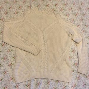 White mock neck, cold shoulder sweater